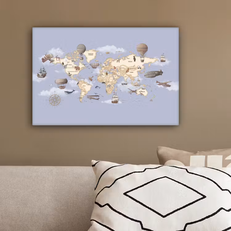 Wereldkaart - Dieren - Luchtvaart canvas 2cm klein -sfeer3