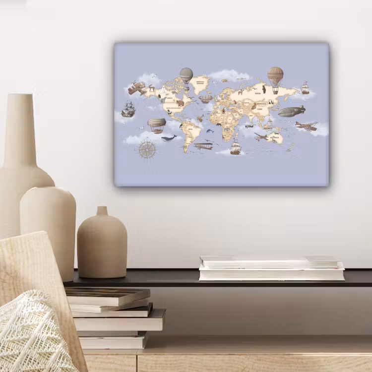 Wereldkaart - Dieren - Luchtvaart canvas 2cm klein -sfeer6