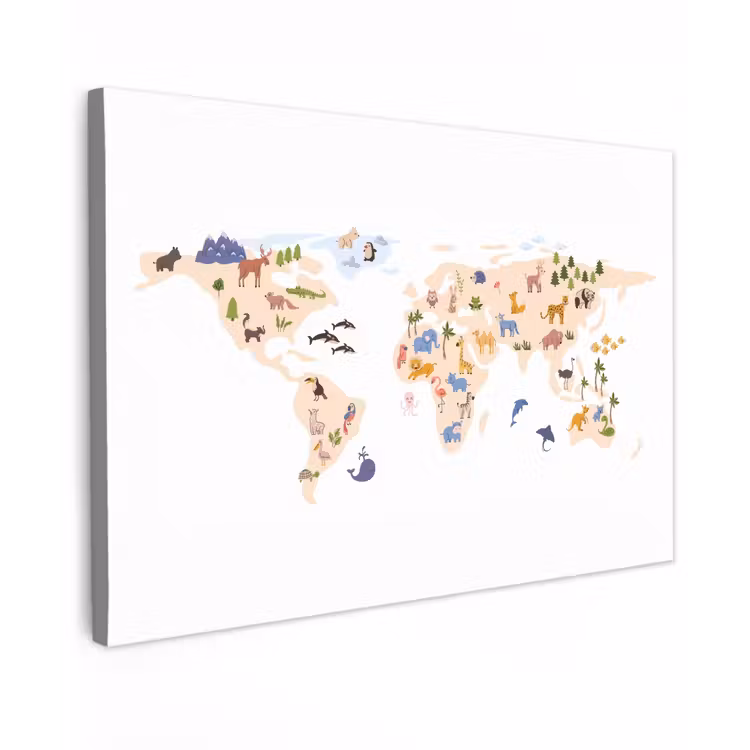 Wereldkaart - Dieren - Wit canvas 2cm klein -z3d