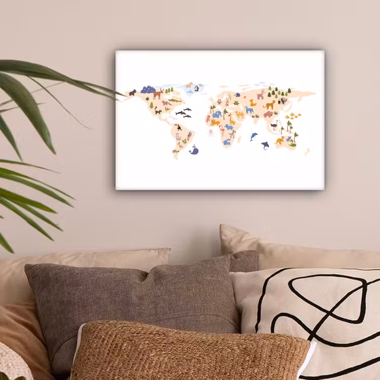 Wereldkaart - Dieren - Wit canvas 2cm klein -sfeer1