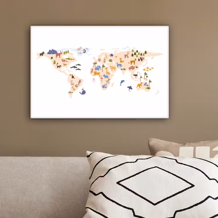 Wereldkaart - Dieren - Wit canvas 2cm klein -sfeer3