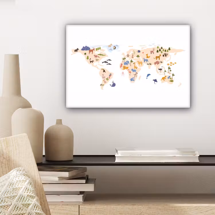 Wereldkaart - Dieren - Wit canvas 2cm klein -sfeer6
