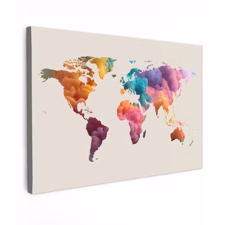 Wereldkaart - Inkt - Beige - Kleurrijk canvas 2cm klein -z3d