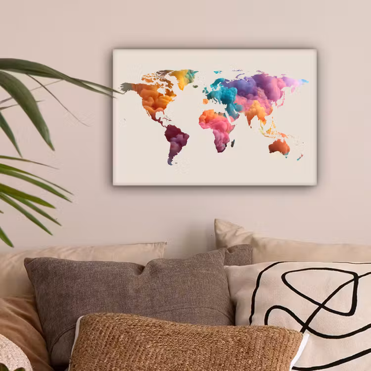 Wereldkaart - Inkt - Beige - Kleurrijk canvas 2cm klein -sfeer1