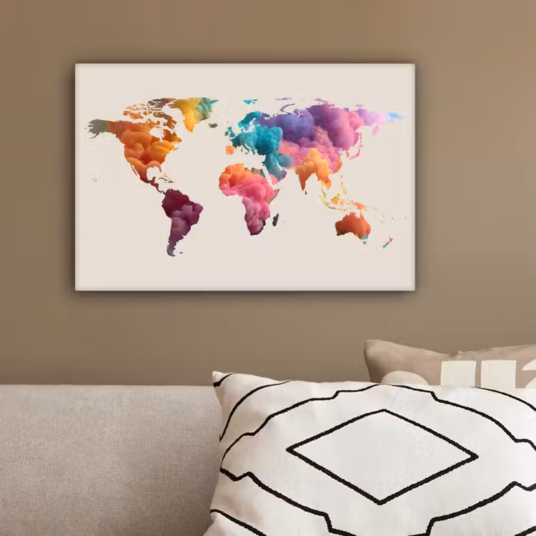 Wereldkaart - Inkt - Beige - Kleurrijk canvas 2cm klein -sfeer3