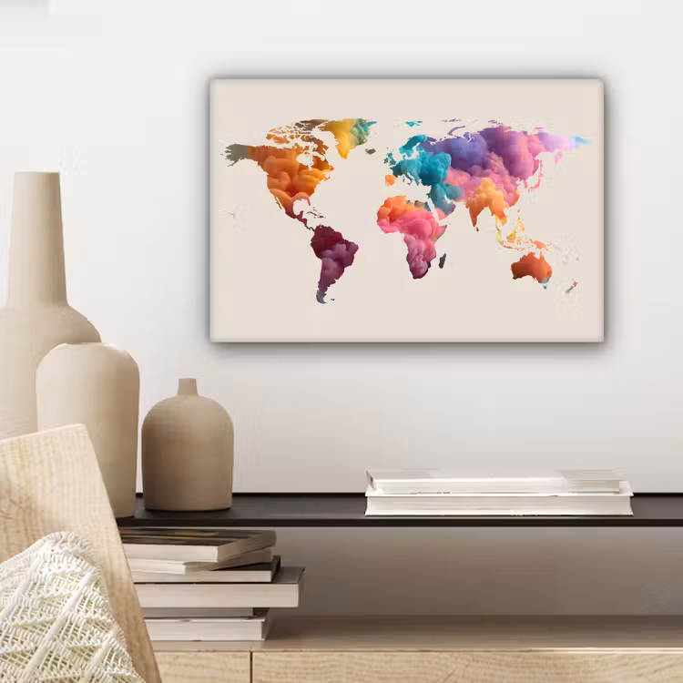Wereldkaart - Inkt - Beige - Kleurrijk canvas 2cm klein -sfeer6