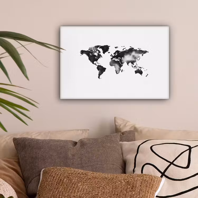 Wereldkaart - Inkt - Zwart canvas 2cm klein -sfeer1