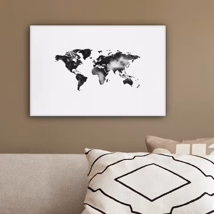 Wereldkaart - Inkt - Zwart canvas 2cm klein -sfeer3
