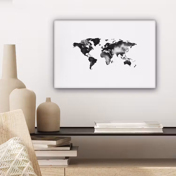 Wereldkaart - Inkt - Zwart canvas 2cm klein -sfeer6