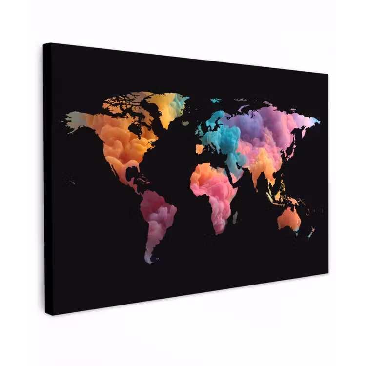 Wereldkaart - Inkt - Zwart - Kleur canvas 2cm klein -z3d