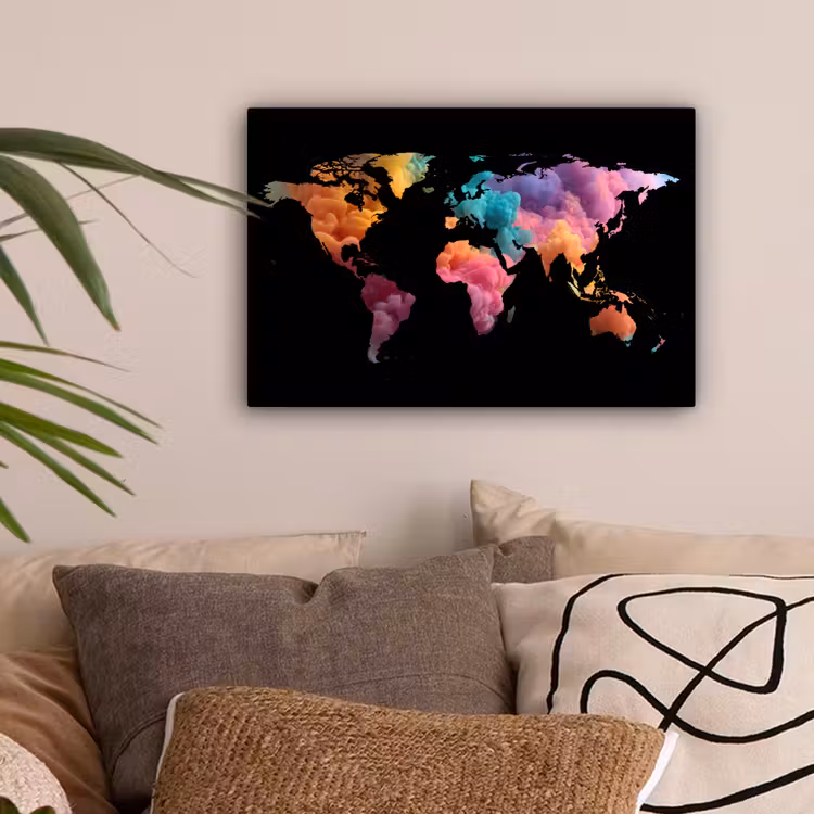 Wereldkaart - Inkt - Zwart - Kleur canvas 2cm klein -sfeer1