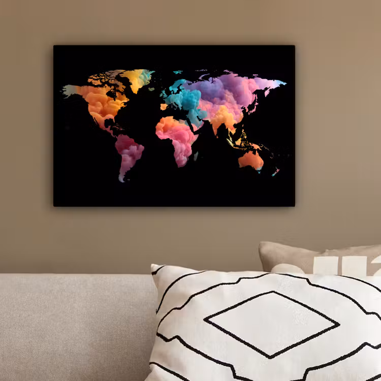 Wereldkaart - Inkt - Zwart - Kleur canvas 2cm klein -sfeer3