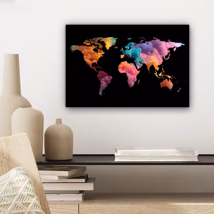 Wereldkaart - Inkt - Zwart - Kleur canvas 2cm klein -sfeer6