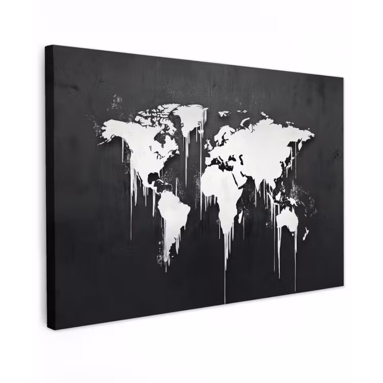Wereldkaart - Inkt - Wit canvas 2cm klein -z3d