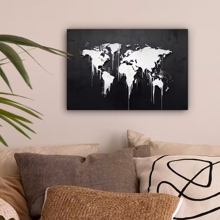 Wereldkaart - Inkt - Wit canvas 2cm klein -sfeer1
