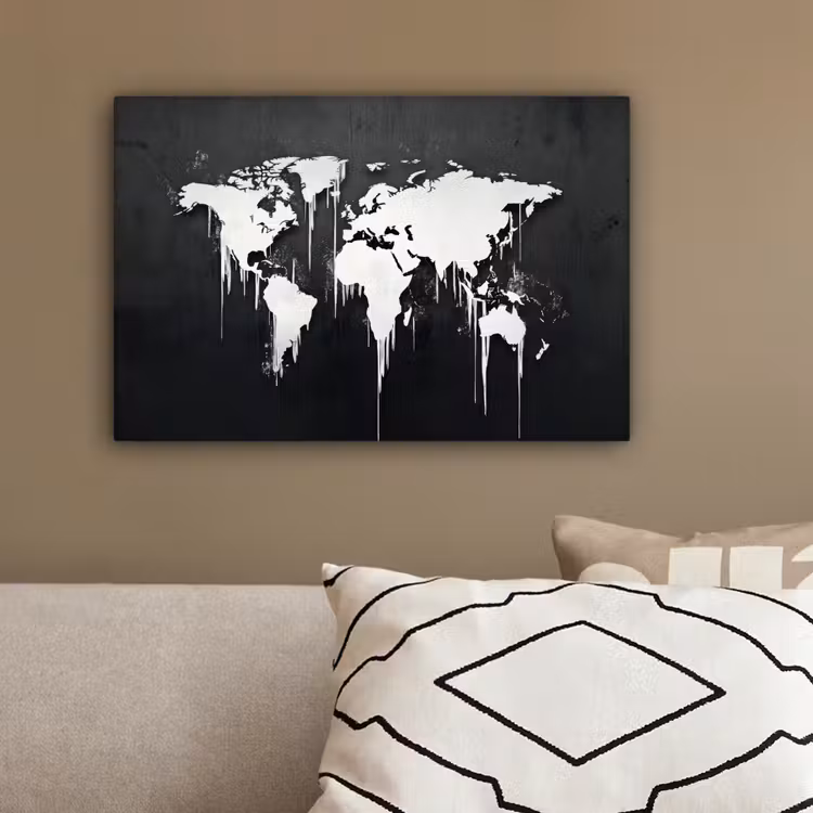 Wereldkaart - Inkt - Wit canvas 2cm klein -sfeer3