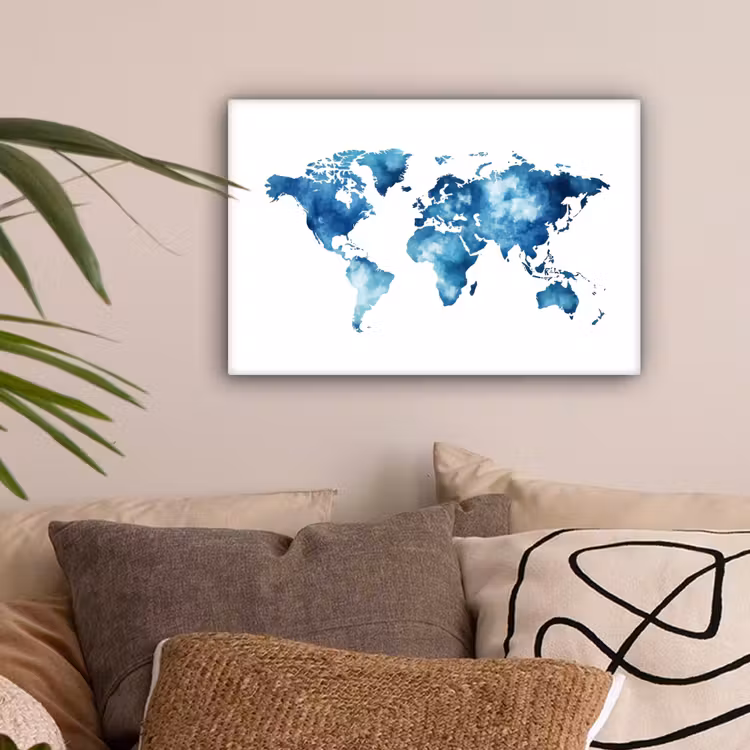 Wereldkaart - Inktwolken - Blauw canvas 2cm klein -sfeer1
