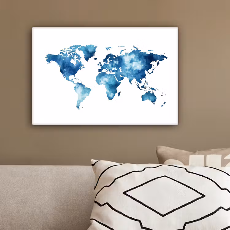 Wereldkaart - Inktwolken - Blauw canvas 2cm klein -sfeer3