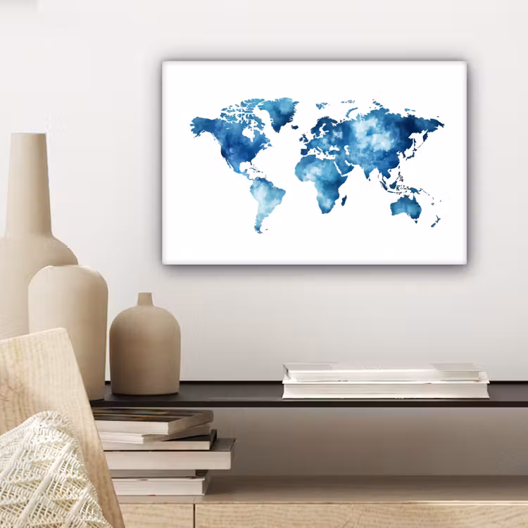Wereldkaart - Inktwolken - Blauw canvas 2cm klein -sfeer6