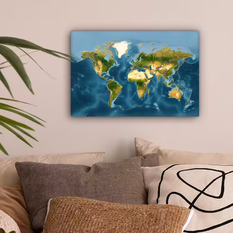 Wereldkaart - Topografisch reliëf canvas 2cm klein -sfeer1