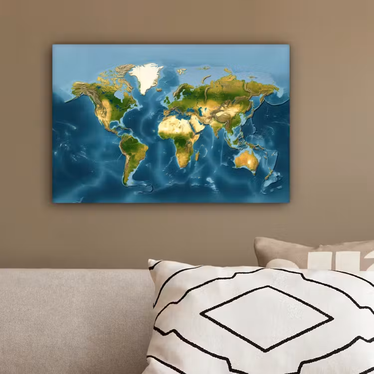 Wereldkaart - Topografisch reliëf canvas 2cm klein -sfeer3