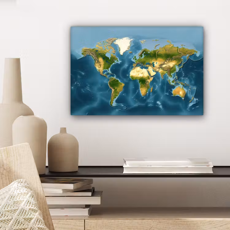 Wereldkaart - Topografisch reliëf canvas 2cm klein -sfeer6