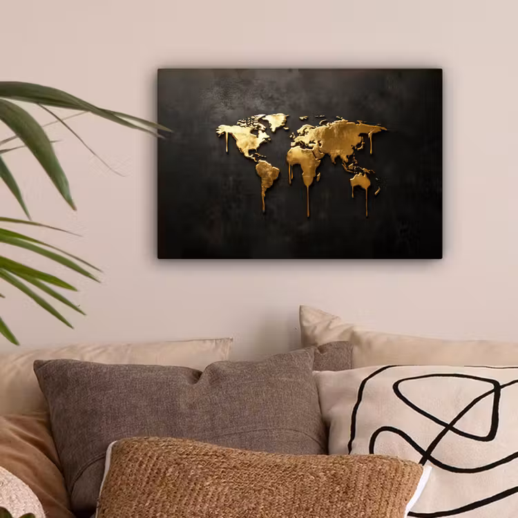 Wereldkaart - Druipende randen - Zwart canvas 2cm klein -sfeer1