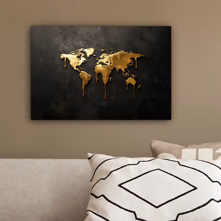 Wereldkaart - Druipende randen - Zwart canvas 2cm klein -sfeer3