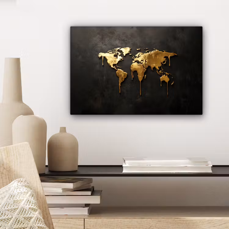 Wereldkaart - Druipende randen - Zwart canvas 2cm klein -sfeer6