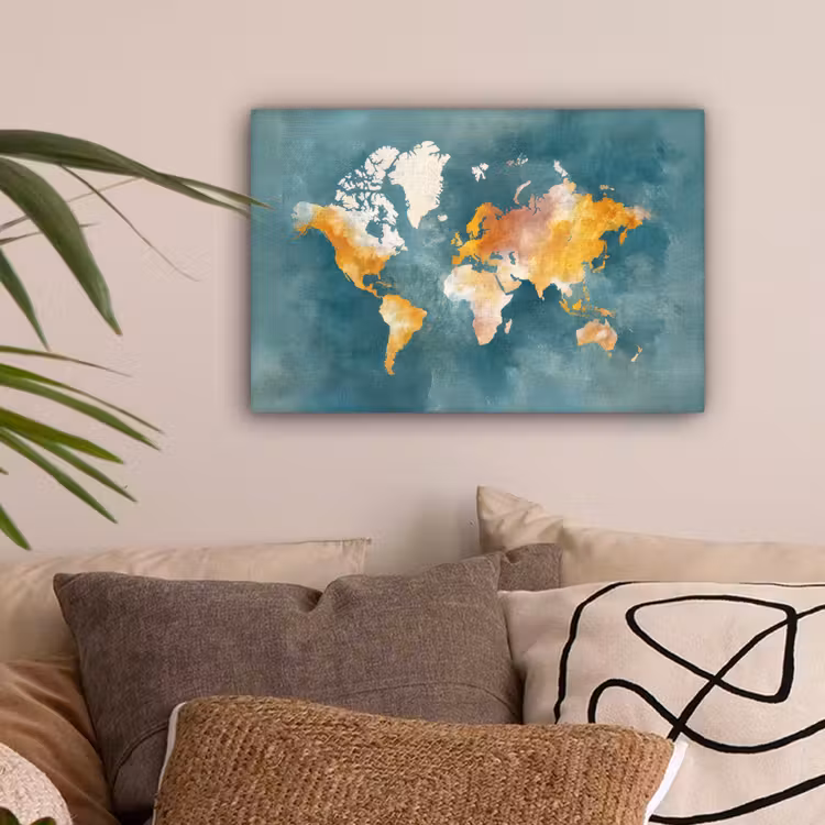 Wereldkaart - Verweerd - Blauw canvas 2cm klein -sfeer1