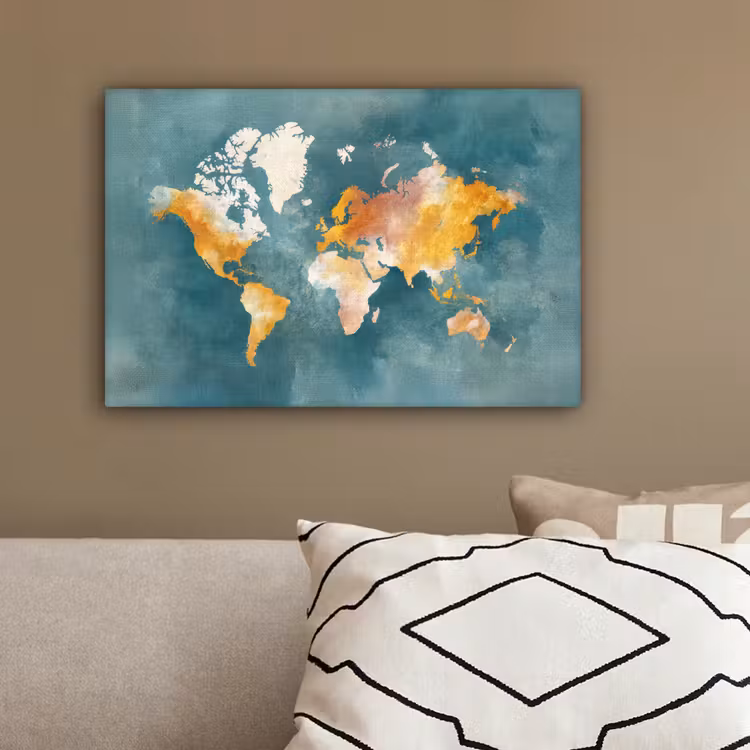 Wereldkaart - Verweerd - Blauw canvas 2cm klein -sfeer3