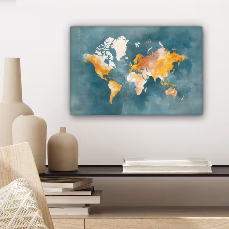 Wereldkaart - Verweerd - Blauw canvas 2cm klein -sfeer6