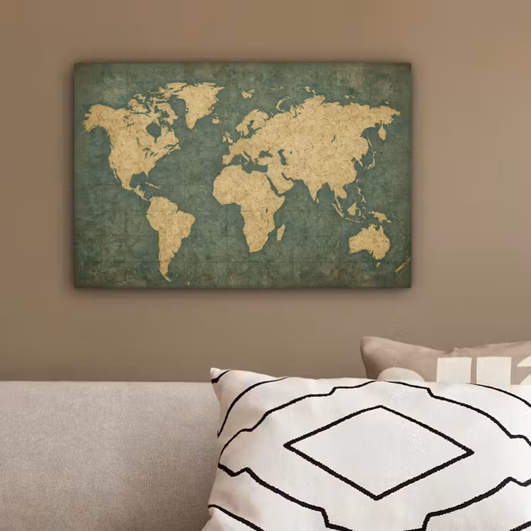 Wereldkaart - Verweerde uitstraling - Subtiel canvas 2cm klein -sfeer3