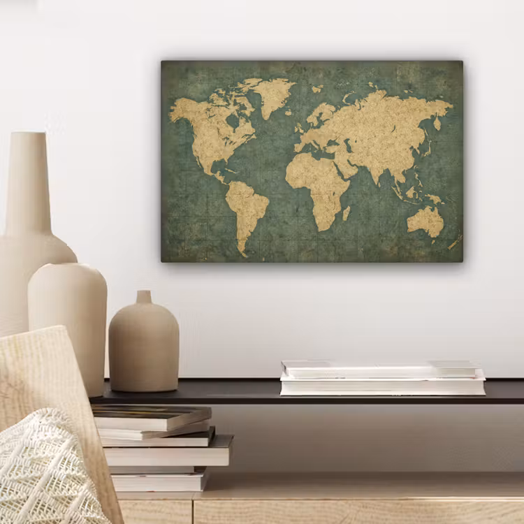 Wereldkaart - Verweerde uitstraling - Subtiel canvas 2cm klein -sfeer6