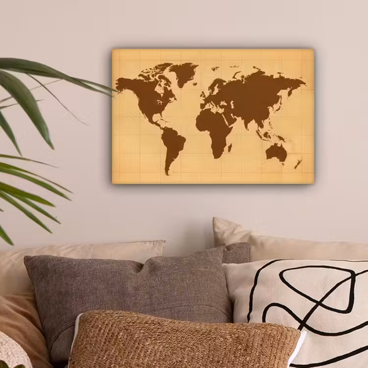 Wereldkaart - Verweerd raster - Bruin canvas 2cm klein -sfeer1