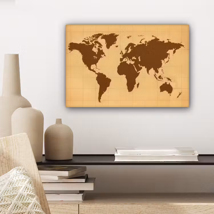 Wereldkaart - Verweerd raster - Bruin canvas 2cm klein -sfeer6