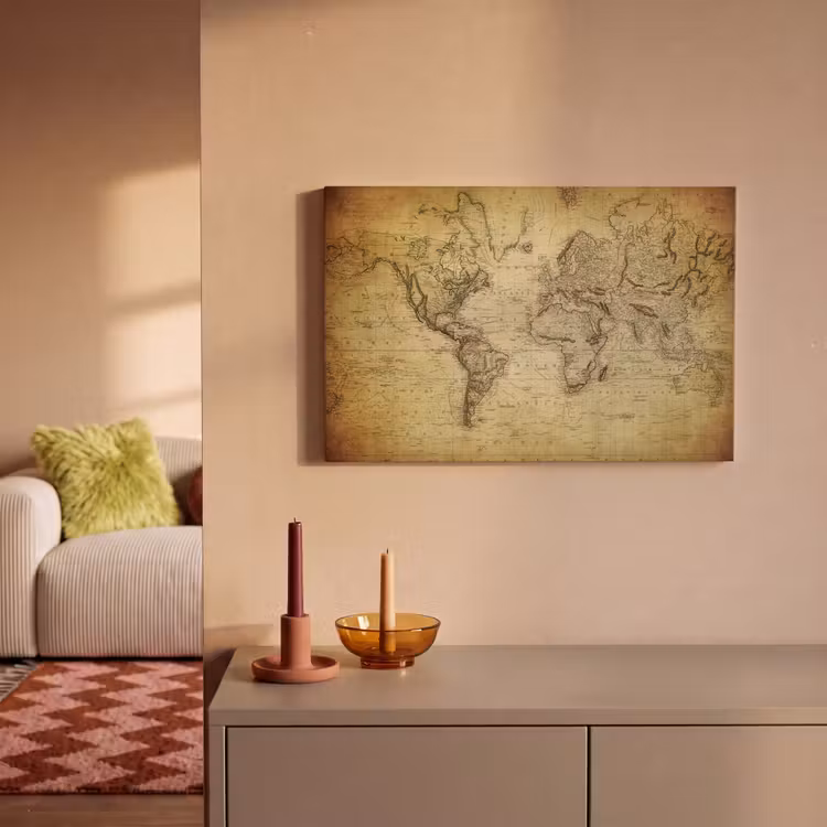Wereldkaart - Vintage - Antiek - Bruin - Papier canvas 2cm klein -sfeer1