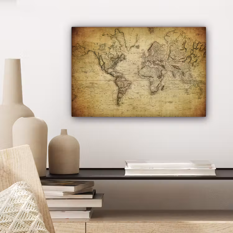 Wereldkaart - Vintage - Antiek - Bruin - Papier canvas 2cm klein -closeup_print_DE