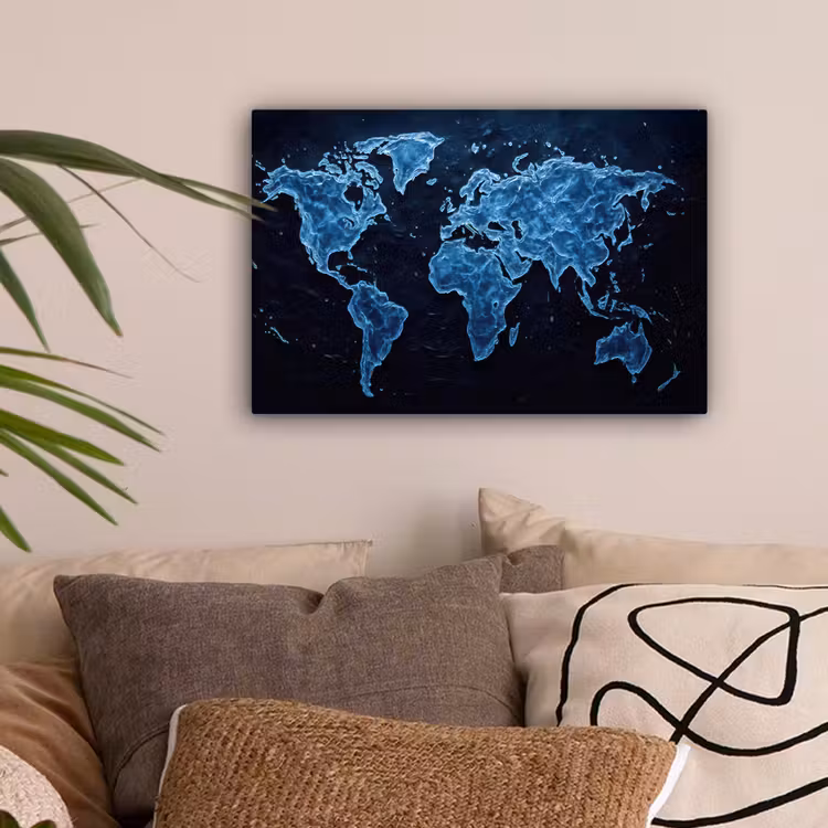 Wereldkaart - Waterstructuur - Blauw canvas 2cm klein -sfeer1