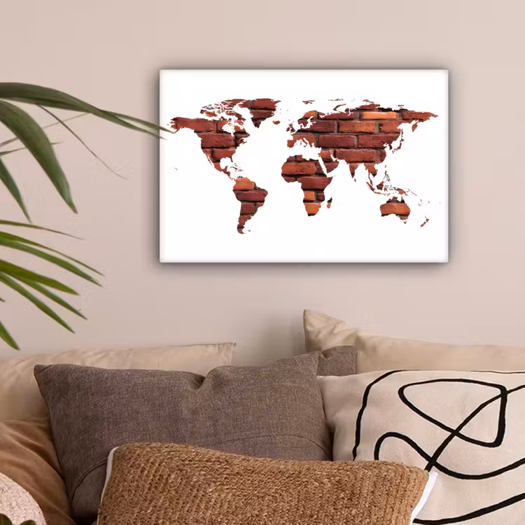 Wereldkaart - Wit - Baksteen canvas 2cm klein -sfeer1
