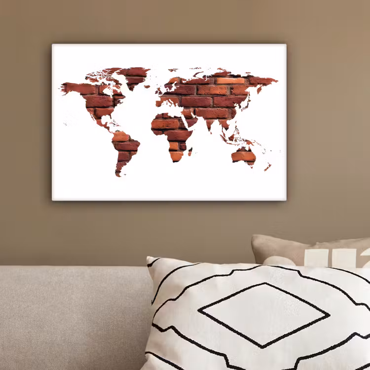 Wereldkaart - Wit - Baksteen canvas 2cm klein -sfeer3