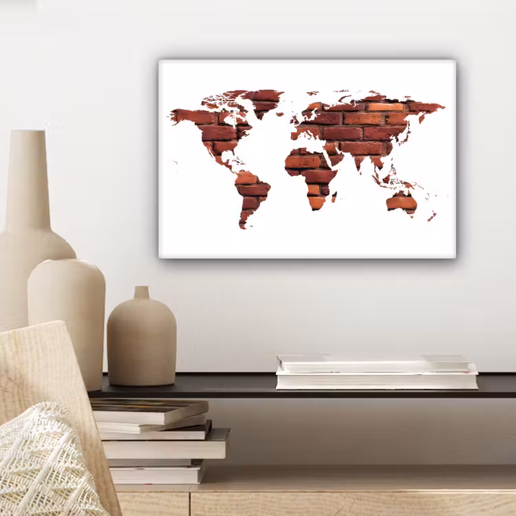 Wereldkaart - Wit - Baksteen canvas 2cm klein -sfeer6