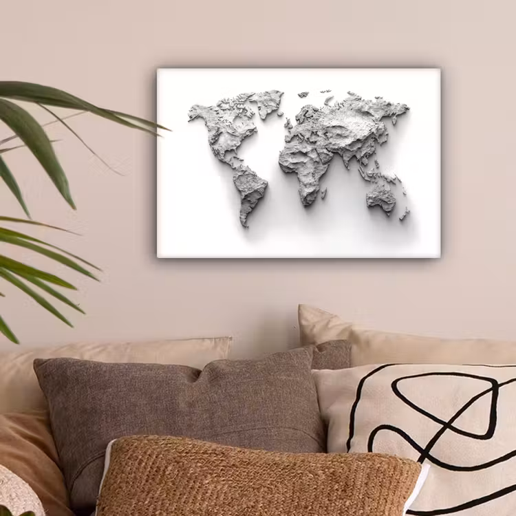 Wereldkaart - Wit - Betonstructuur canvas 2cm klein -sfeer1