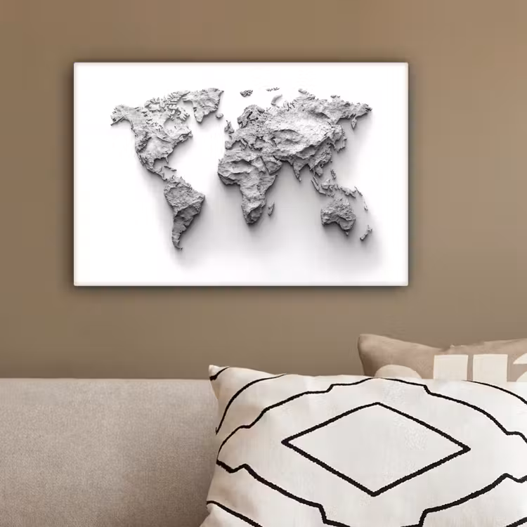 Wereldkaart - Wit - Betonstructuur canvas 2cm klein -sfeer3