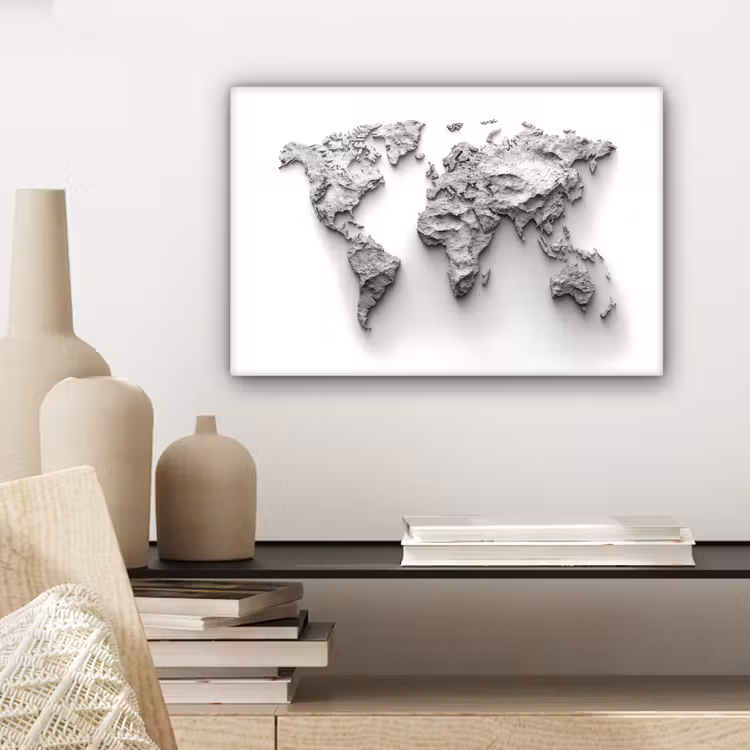 Wereldkaart - Wit - Betonstructuur canvas 2cm klein -sfeer6