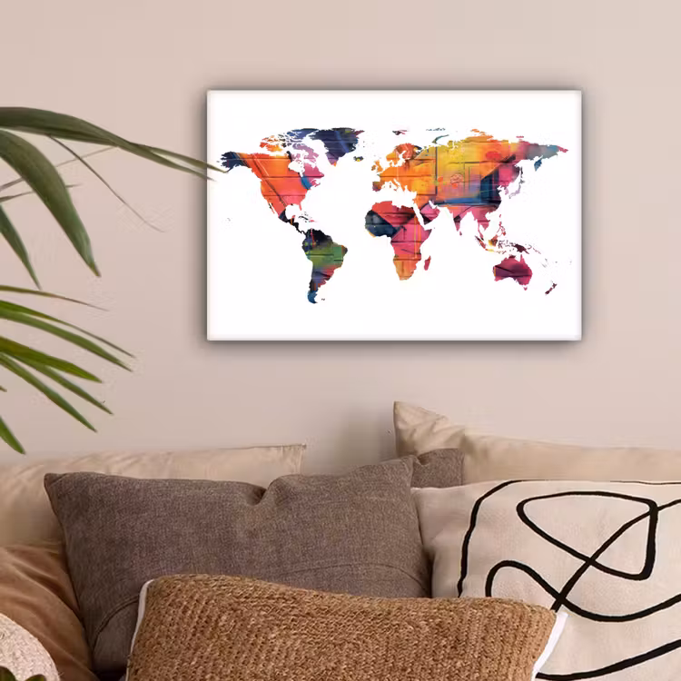 Wereldkaart - Wit - Graffiti canvas 2cm klein -sfeer1