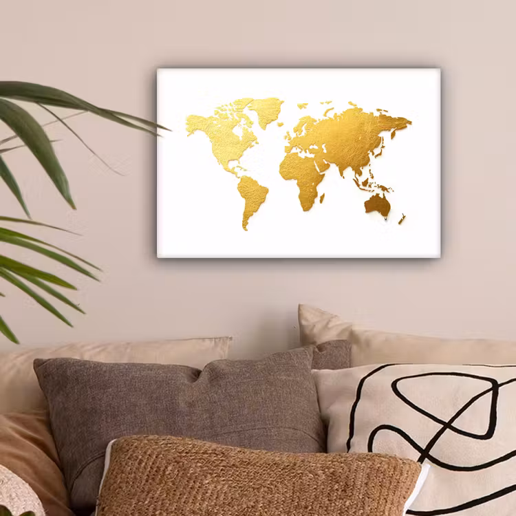 Wereldkaart - Wit - Leerachtig textuur canvas 2cm klein -sfeer1