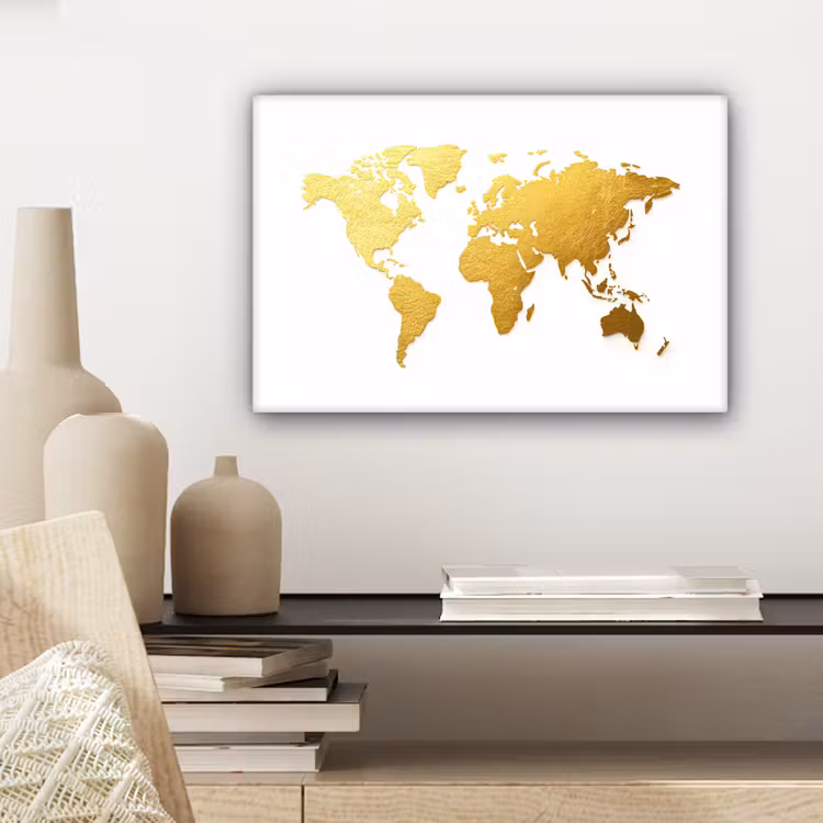 Wereldkaart - Wit - Leerachtig textuur canvas 2cm klein -sfeer6
