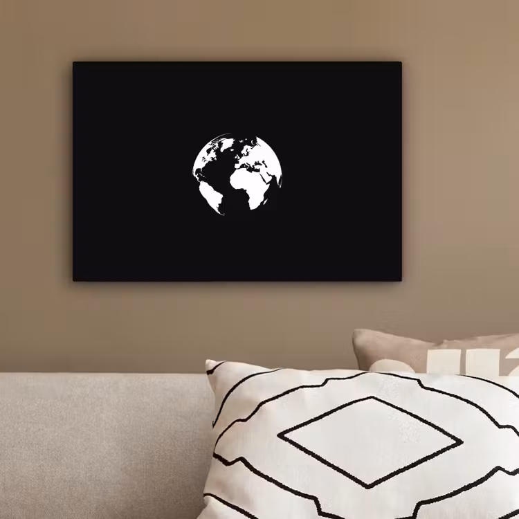 Wereldkaart - Wit - Zwart - Wereldbol canvas 2cm klein -sfeer3