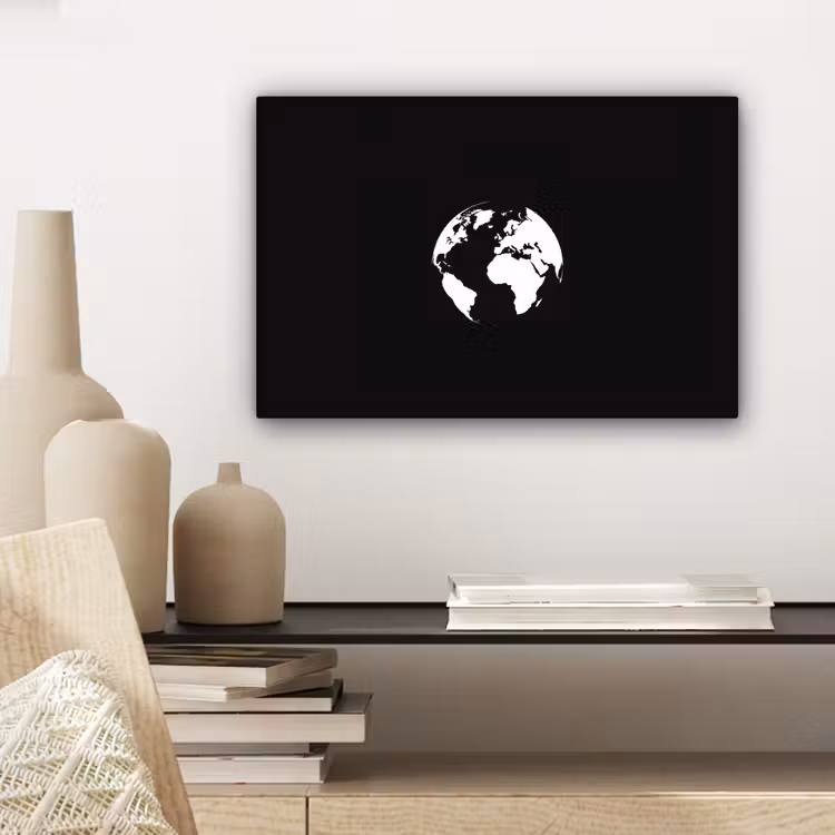 Wereldkaart - Wit - Zwart - Wereldbol canvas 2cm klein -sfeer6